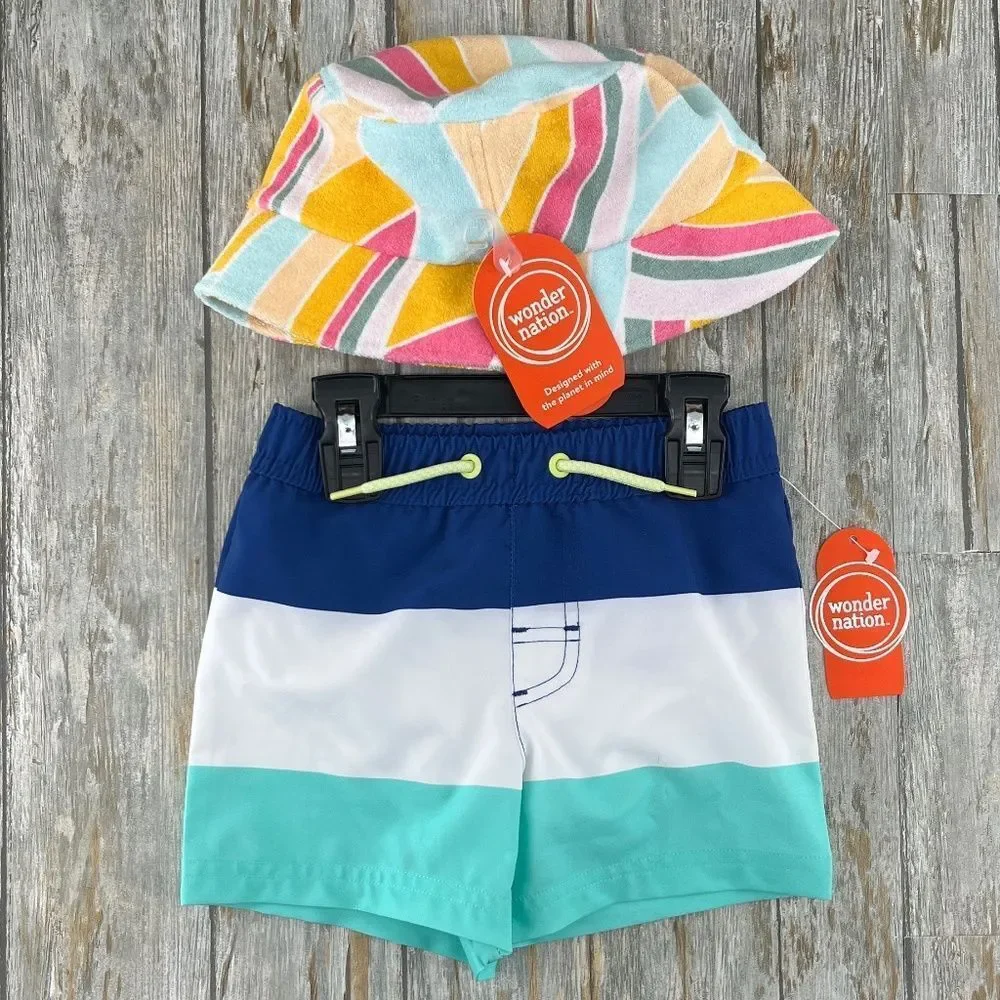 Baby Boys Quick Dry Swim Trunks Shorts & Bucket Hat Size 18M